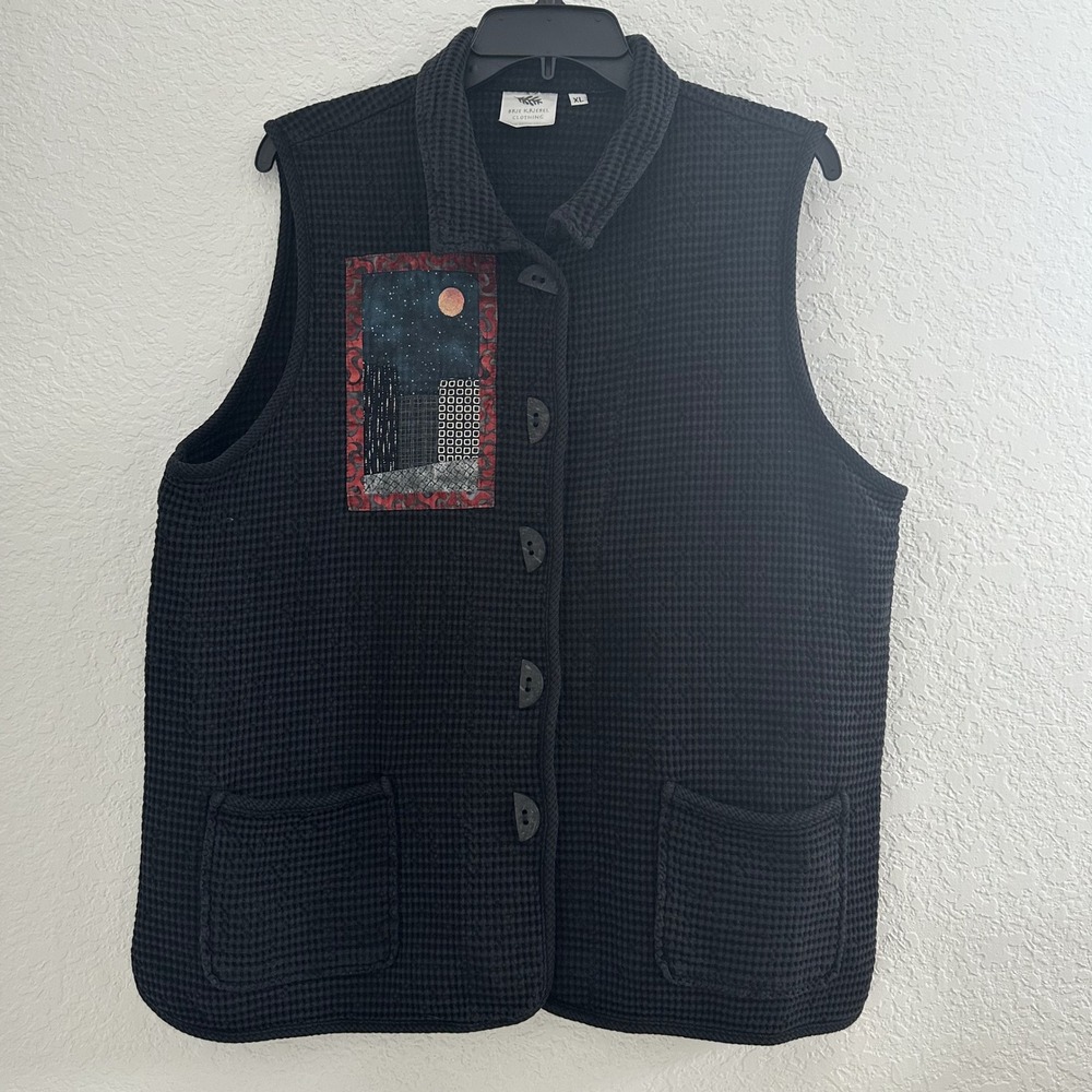 Brie Kriebel Clothing Waffle Weave Vest XL Black Button Up Art to Wear Patchwork